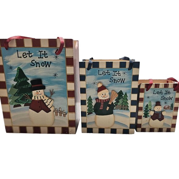 Set Of 3 Wooden "Let It Snow" Decorative Winter Boxes With Ribbon Handles - Picture 1 of 9